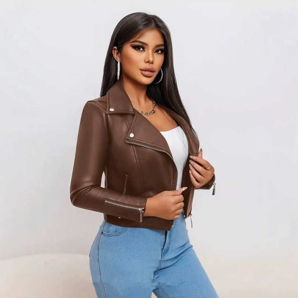 Cropped Faux Leather Asymmetric Zip Moto Jacket