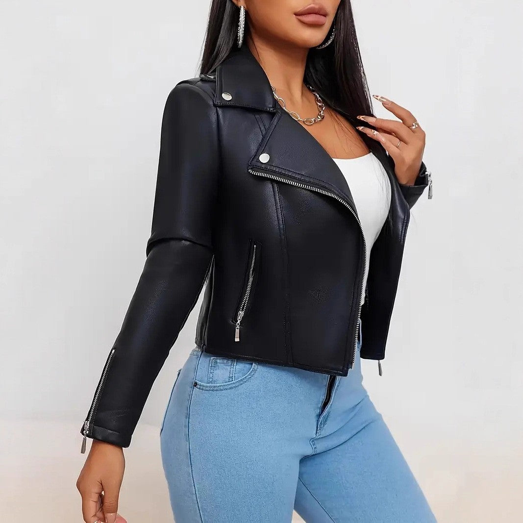 Cropped Faux Leather Asymmetric Zip Moto Jacket