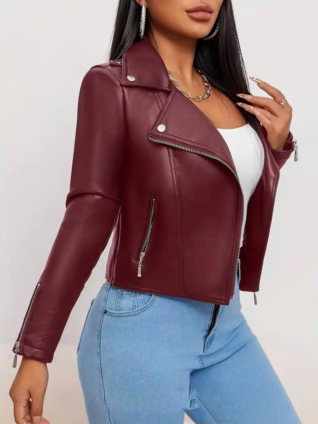 Cropped Faux Leather Asymmetric Zip Moto Jacket
