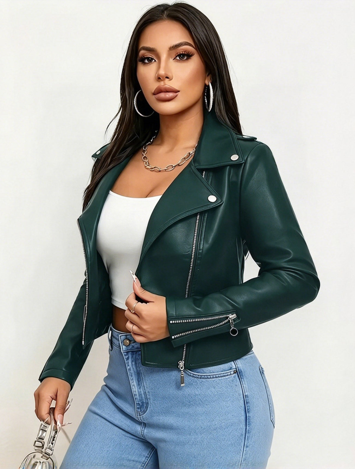 Cropped Faux Leather Asymmetric Zip Moto Jacket