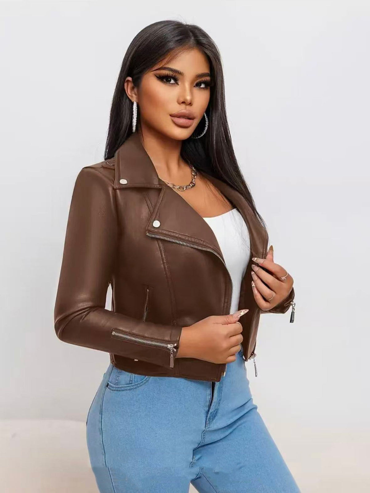Cropped Faux Leather Asymmetric Zip Moto Jacket