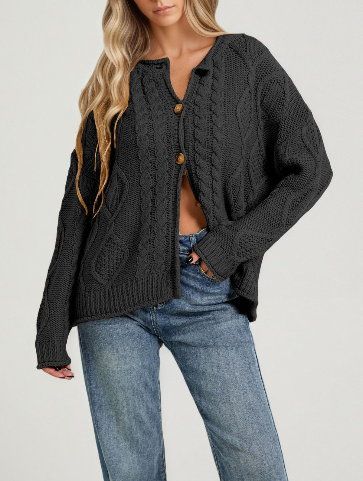 Oversized Cable Knit Button Front Cardigan - Black
