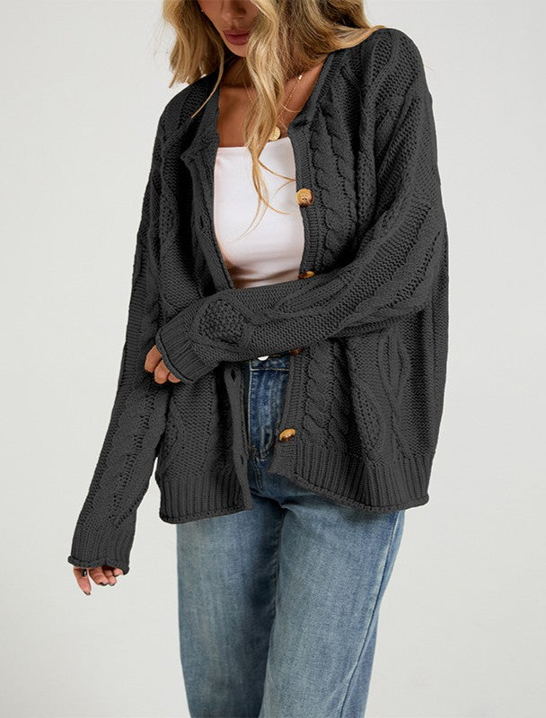 Oversized Cable Knit Button Front Cardigan - Black - 1