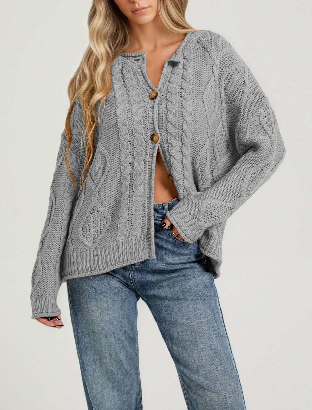 Oversized Cable Knit Button Front Cardigan - Grey