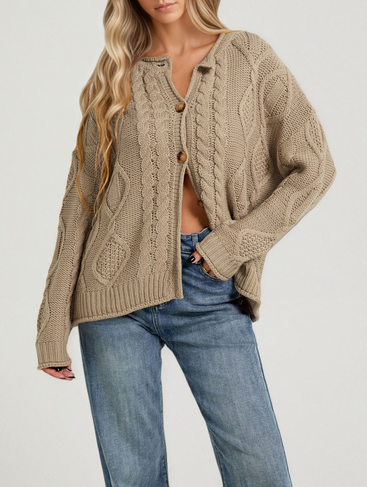 Oversized Cable Knit Button Front Cardigan - Khaki
