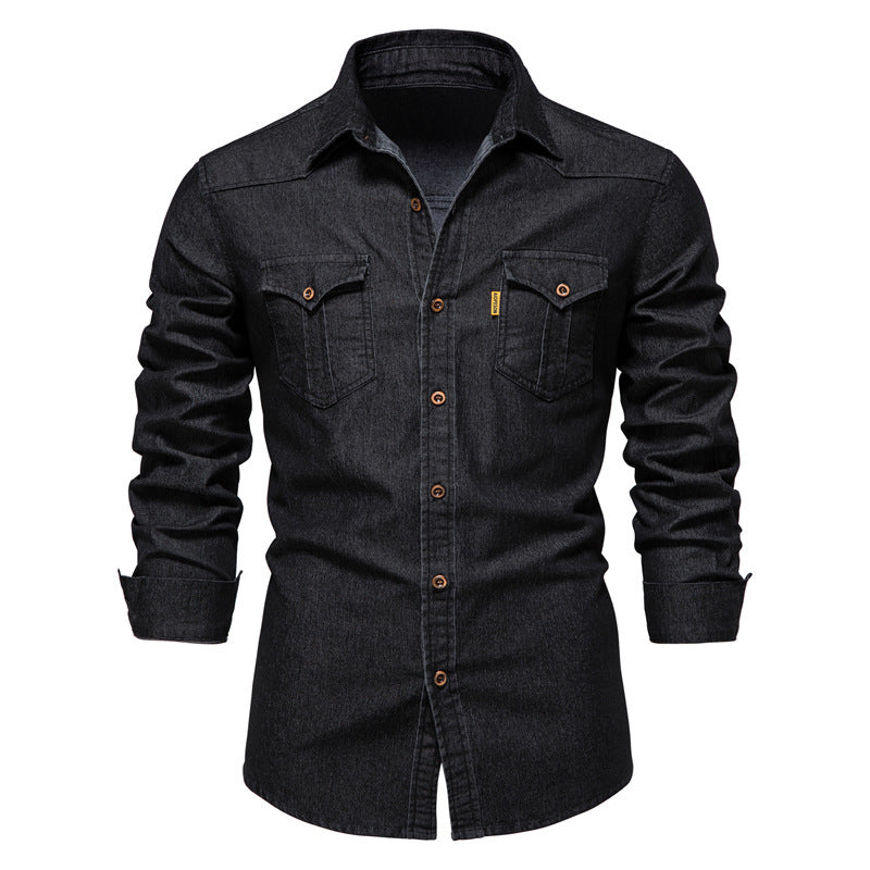 Vintage Wash Denim Shirt with Flap Pockets - Black
