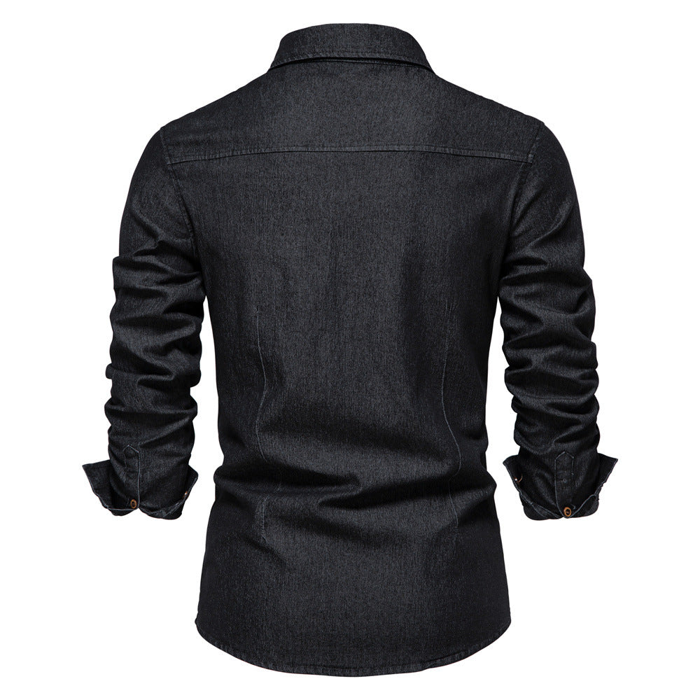 Vintage Wash Denim Shirt with Flap Pockets - Black - 1