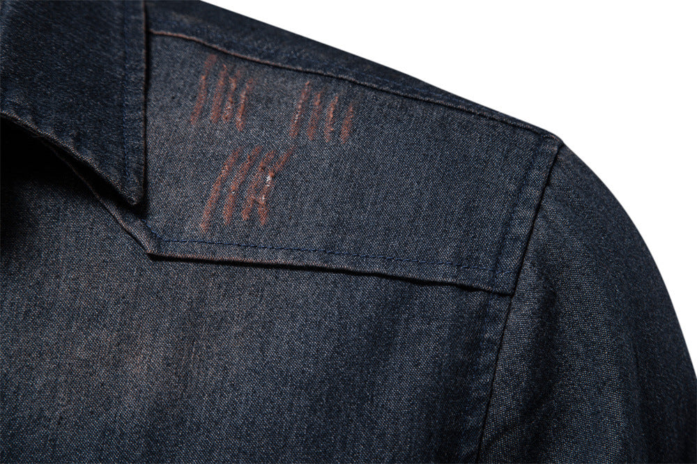 Vintage Wash Denim Shirt with Flap Pockets - Black - 2