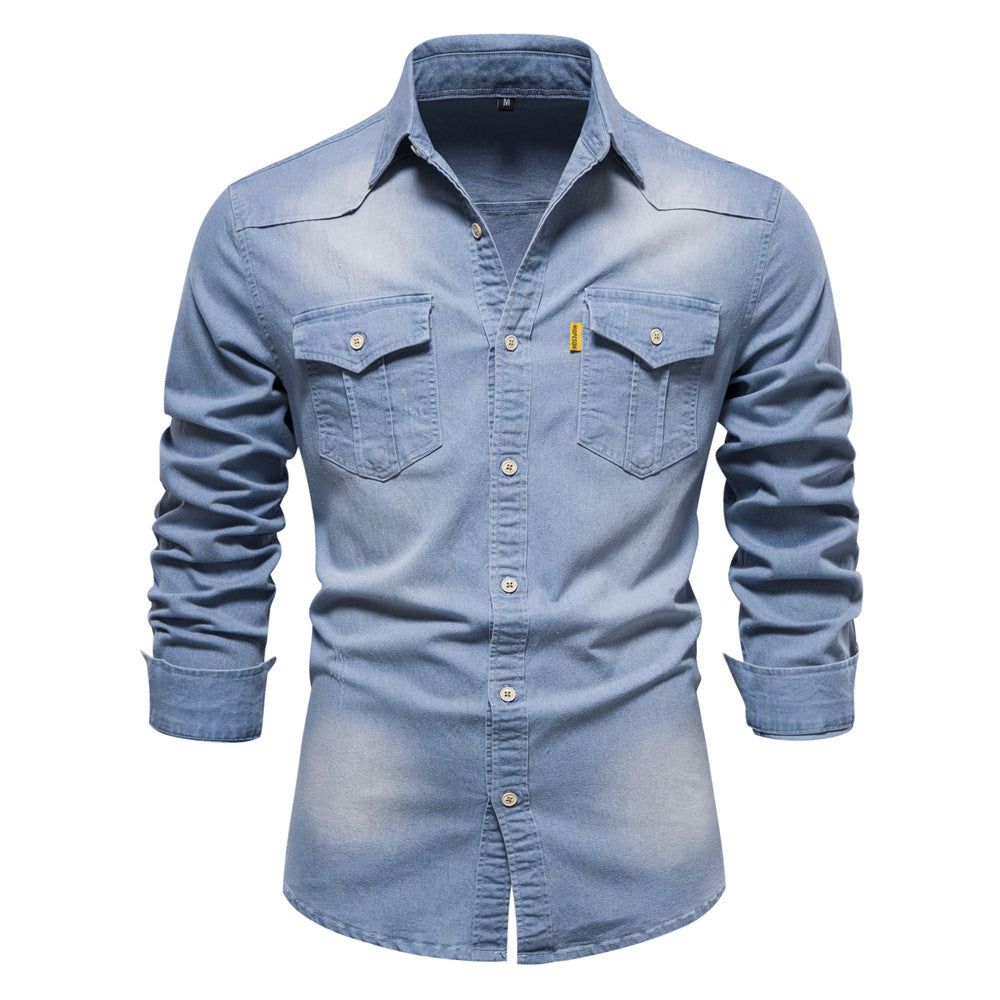Vintage Wash Denim Shirt with Flap Pockets - Lightblue - 1
