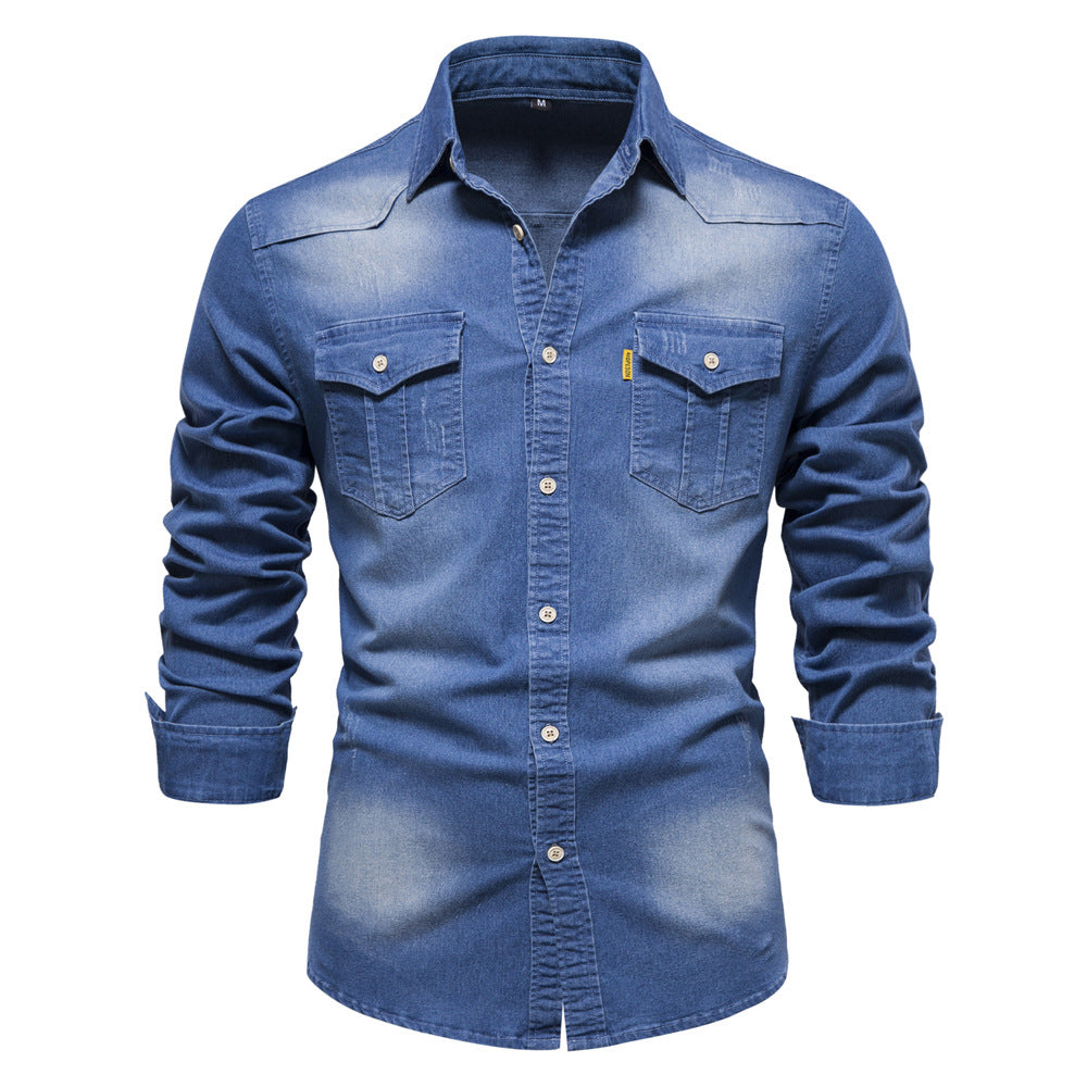 Vintage Wash Denim Shirt with Flap Pockets - Midiblue