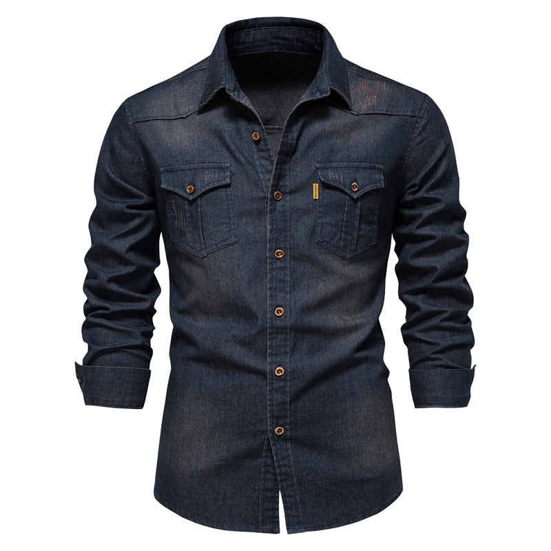 Vintage Wash Denim Shirt with Flap Pockets - Navy