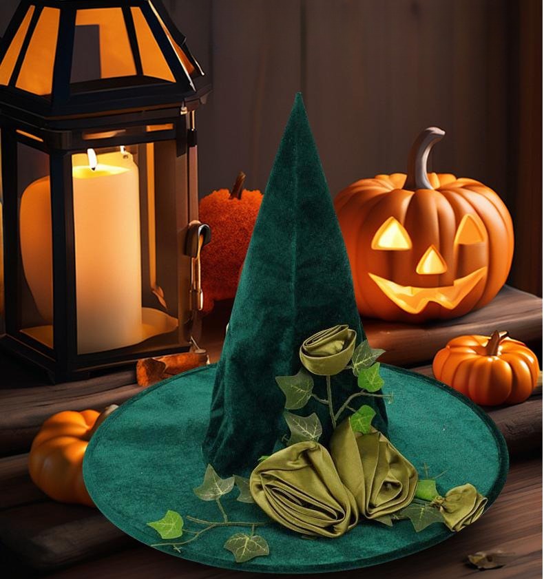 Rose Ivy Velvet Witch Hat - Green - 1