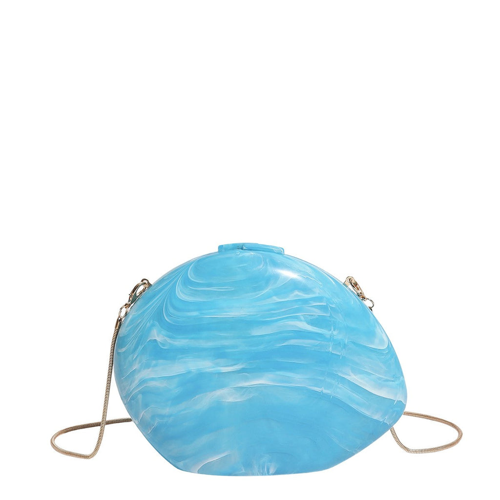 Oval Acrylic Box Clutch with Chain Strap - Blue Marble