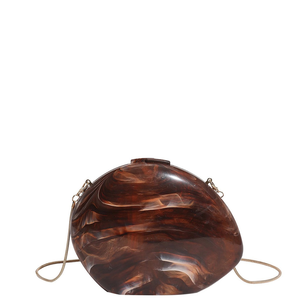 Oval Acrylic Box Clutch with Chain Strap - Brown Marble