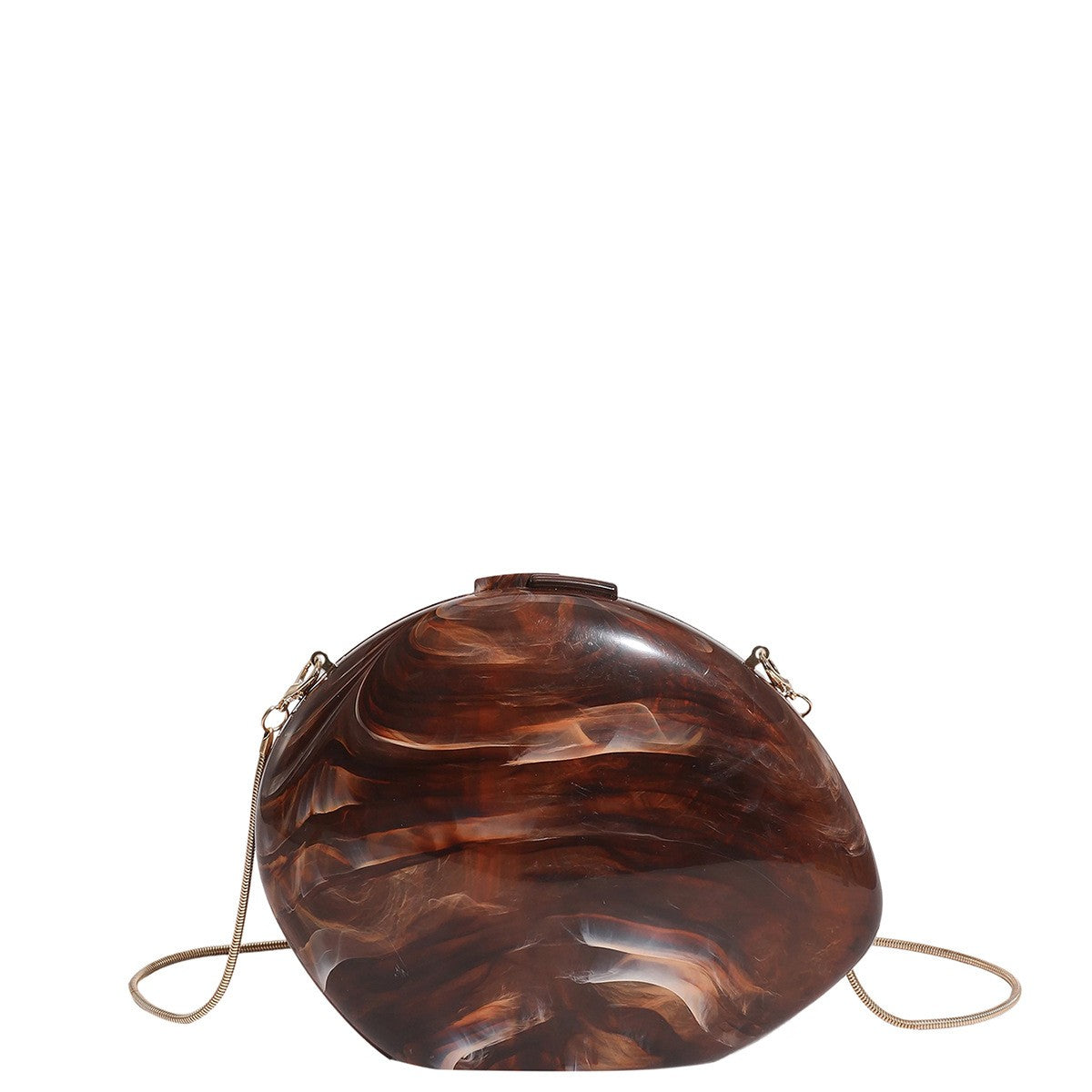 Oval Acrylic Box Clutch with Chain Strap - Brown Marble