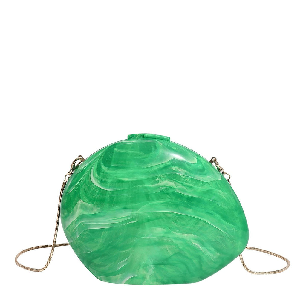Oval Acrylic Box Clutch with Chain Strap - Green Marble
