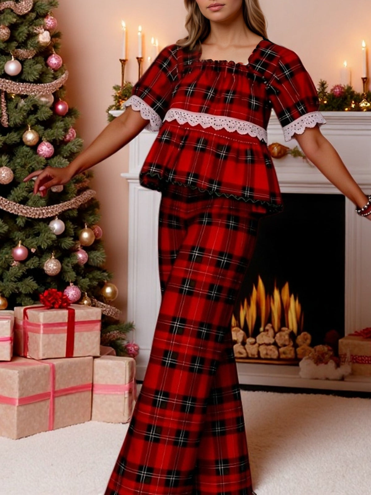 Tartan Babydoll Top And Pyjama Pant Set - Red