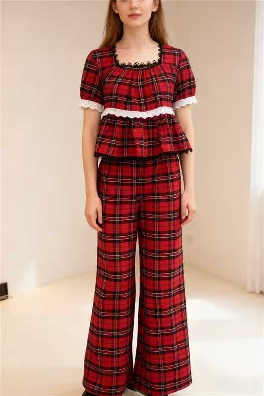 Tartan Babydoll Top And Pyjama Pant Set - Red - 1