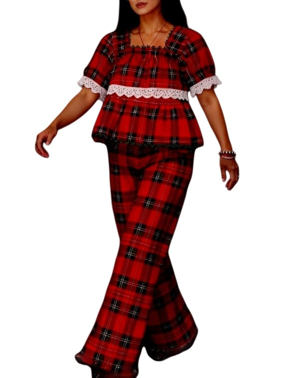 Tartan Babydoll Top And Pyjama Pant Set - Red - 2