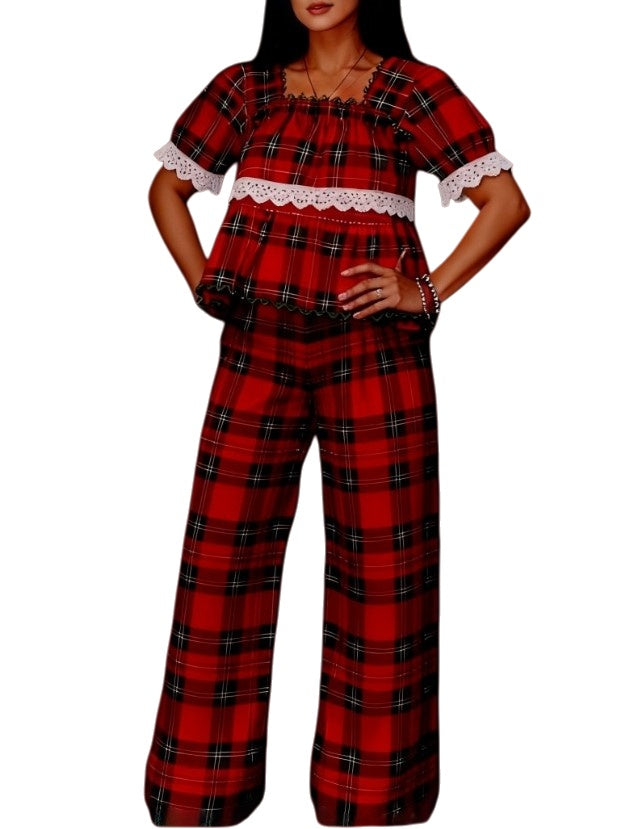 Tartan Babydoll Top And Pyjama Pant Set - Red - 3