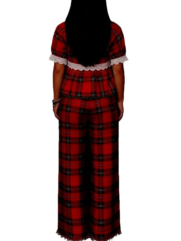 Tartan Babydoll Top And Pyjama Pant Set - Red - 4