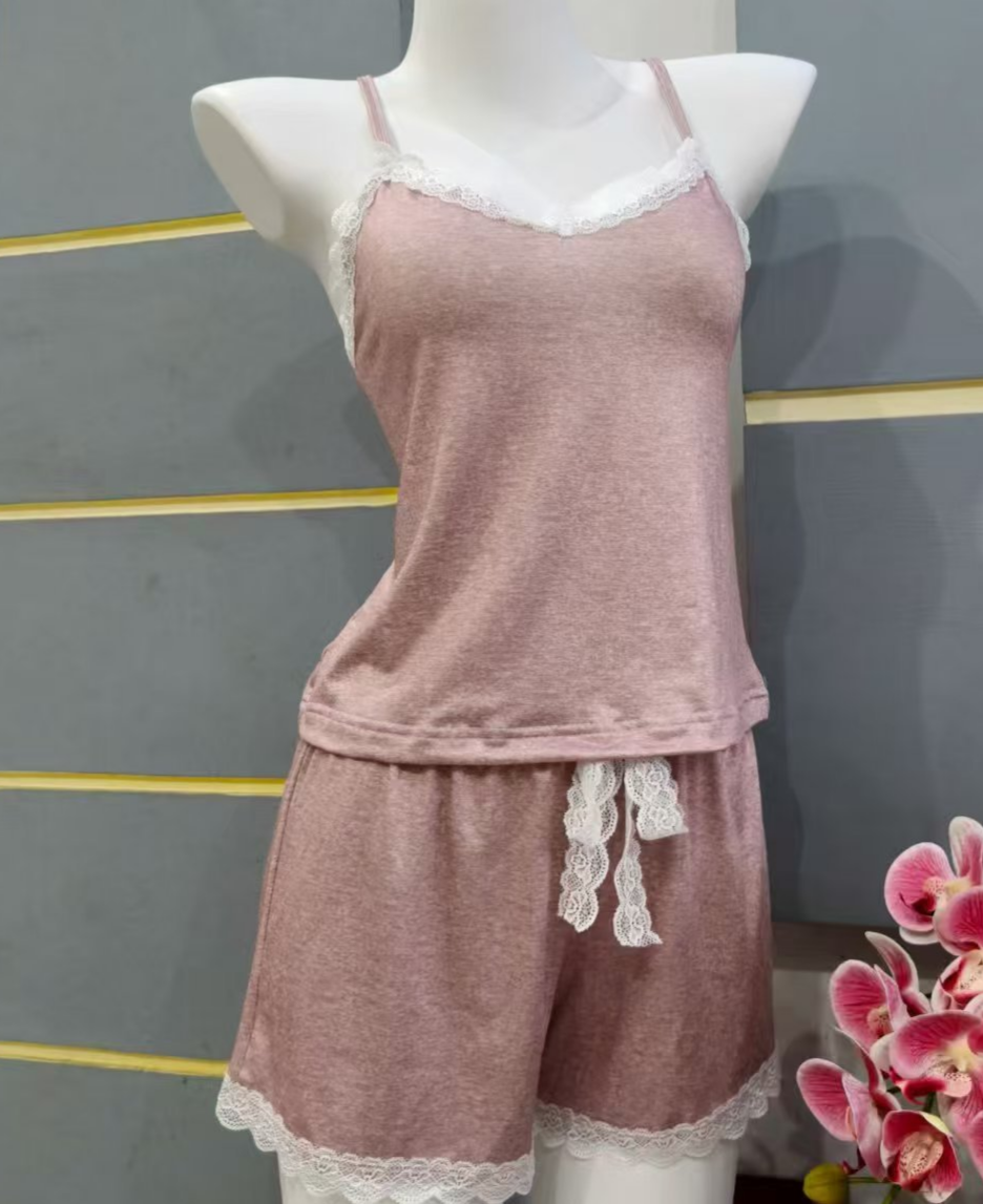 Lace Trimmed Cami and Shorts Sleep Set - Pink - 1