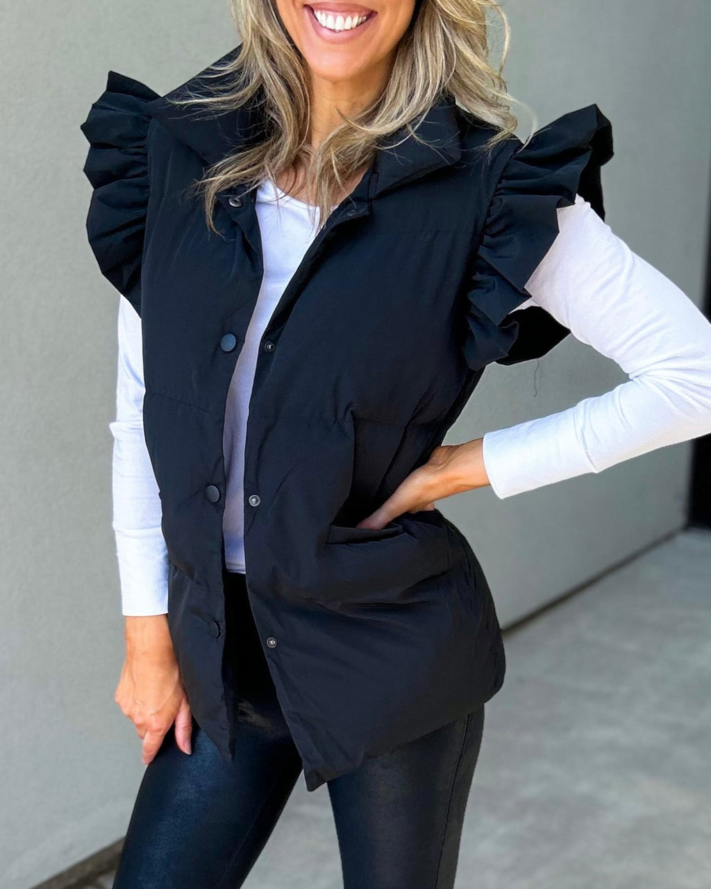 Buttoned Puffer Gilet With Frill Shoulders - Black - 3