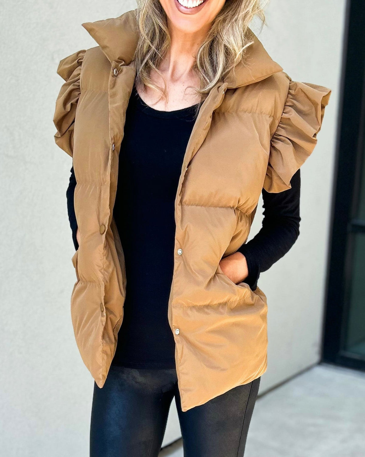 Buttoned Puffer Gilet With Frill Shoulders - Camel