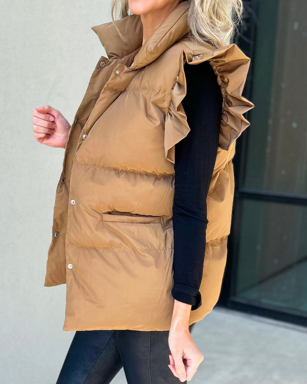 Buttoned Puffer Gilet With Frill Shoulders - Camel - 3