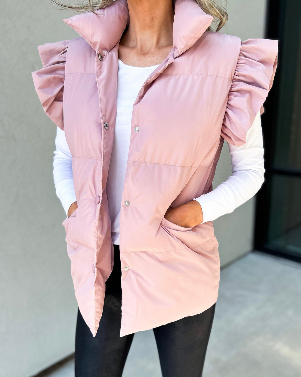 Buttoned Puffer Gilet With Frill Shoulders - Pink - 3