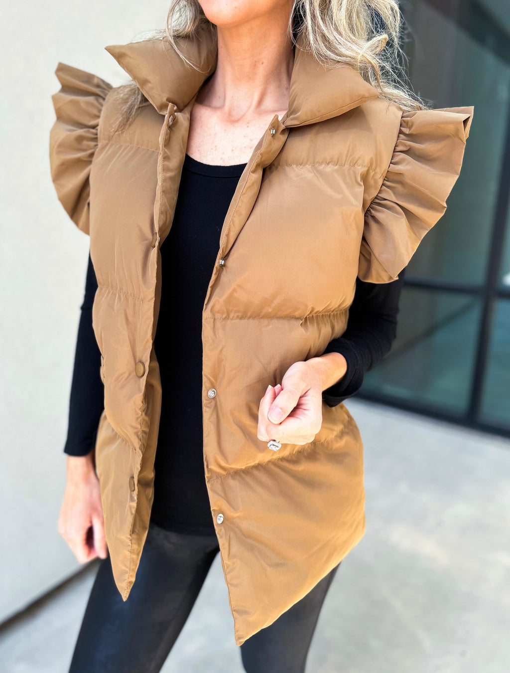 Buttoned Puffer Gilet With Frill Shoulders