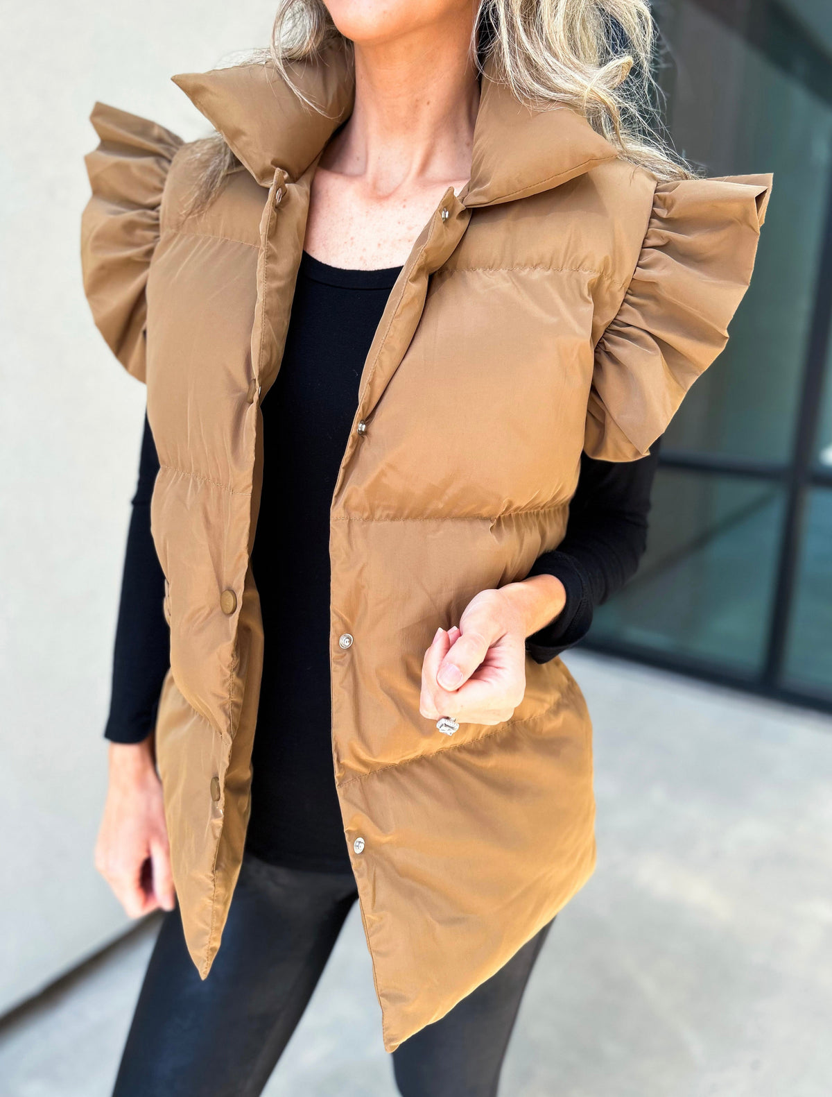 Buttoned Puffer Gilet With Frill Shoulders