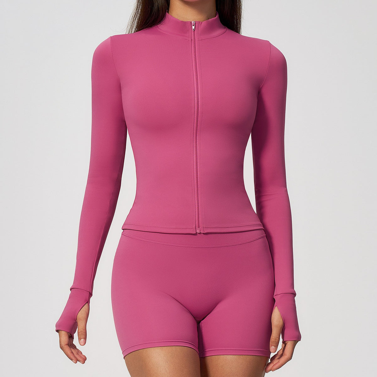 Buttery Soft Slim Full Zip Thumbhole Workout Jacket - Berry Pink
