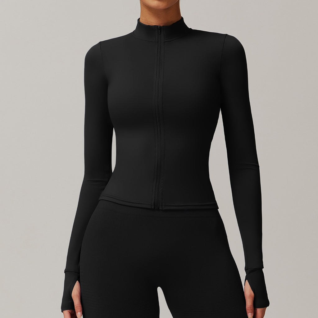 Buttery Soft Slim Full Zip Thumbhole Workout Jacket - Black