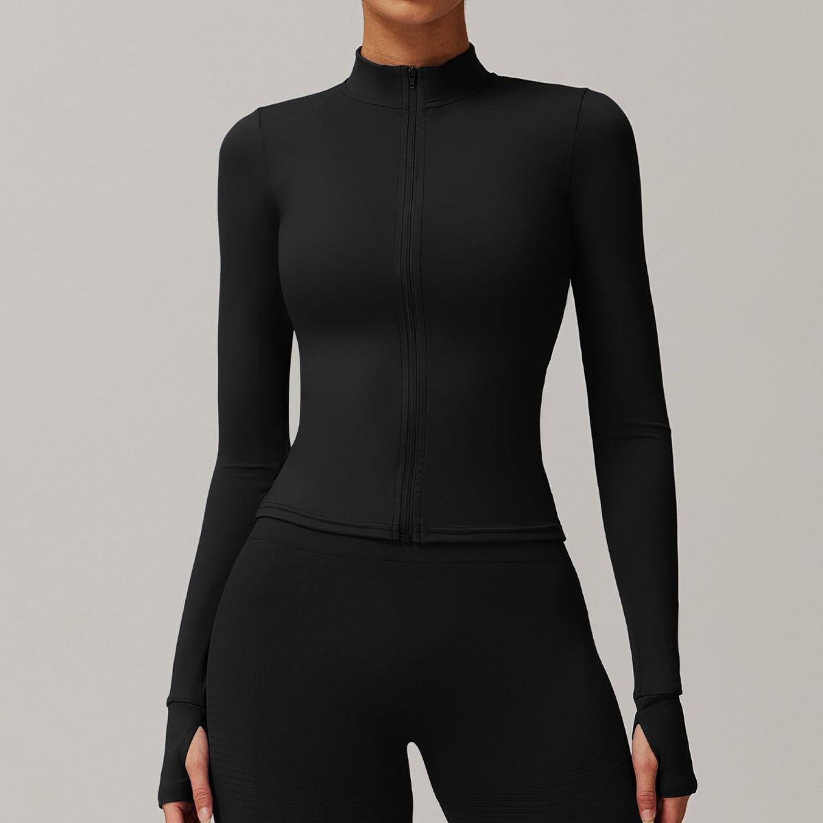 Buttery Soft Slim Full Zip Thumbhole Workout Jacket - Black