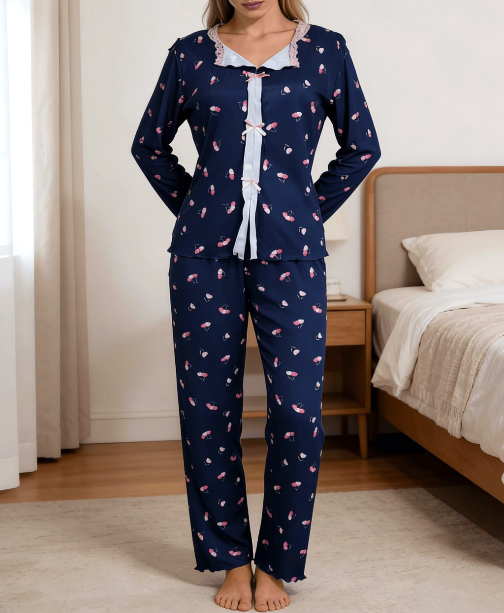 Floral Bow Neck Long Sleeve Pajama Set - DarkBlue