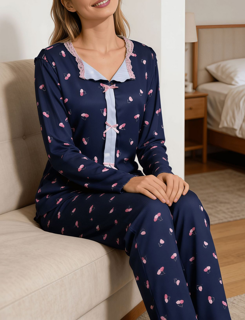 Floral Bow Neck Long Sleeve Pajama Set - DarkBlue - 1