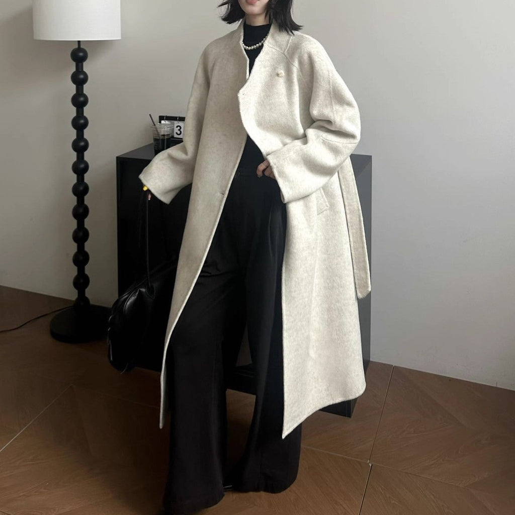 Belted Wool Stand Collar Longline Wrap Coat - Ivory