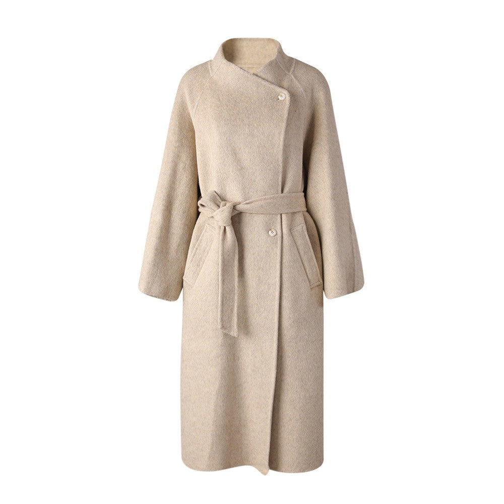 Belted Wool Stand Collar Longline Wrap Coat