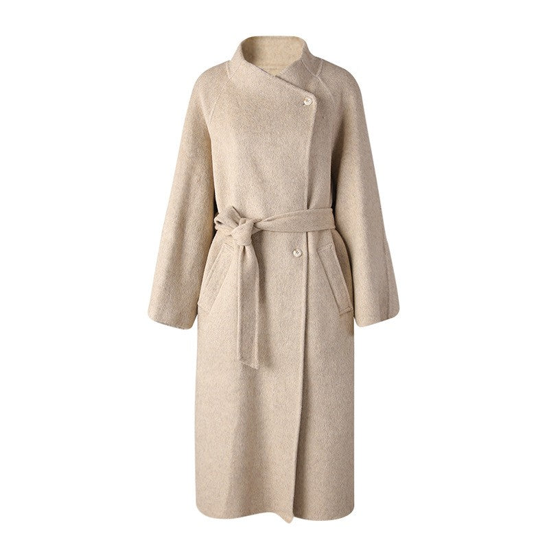 Belted Wool Stand Collar Longline Wrap Coat