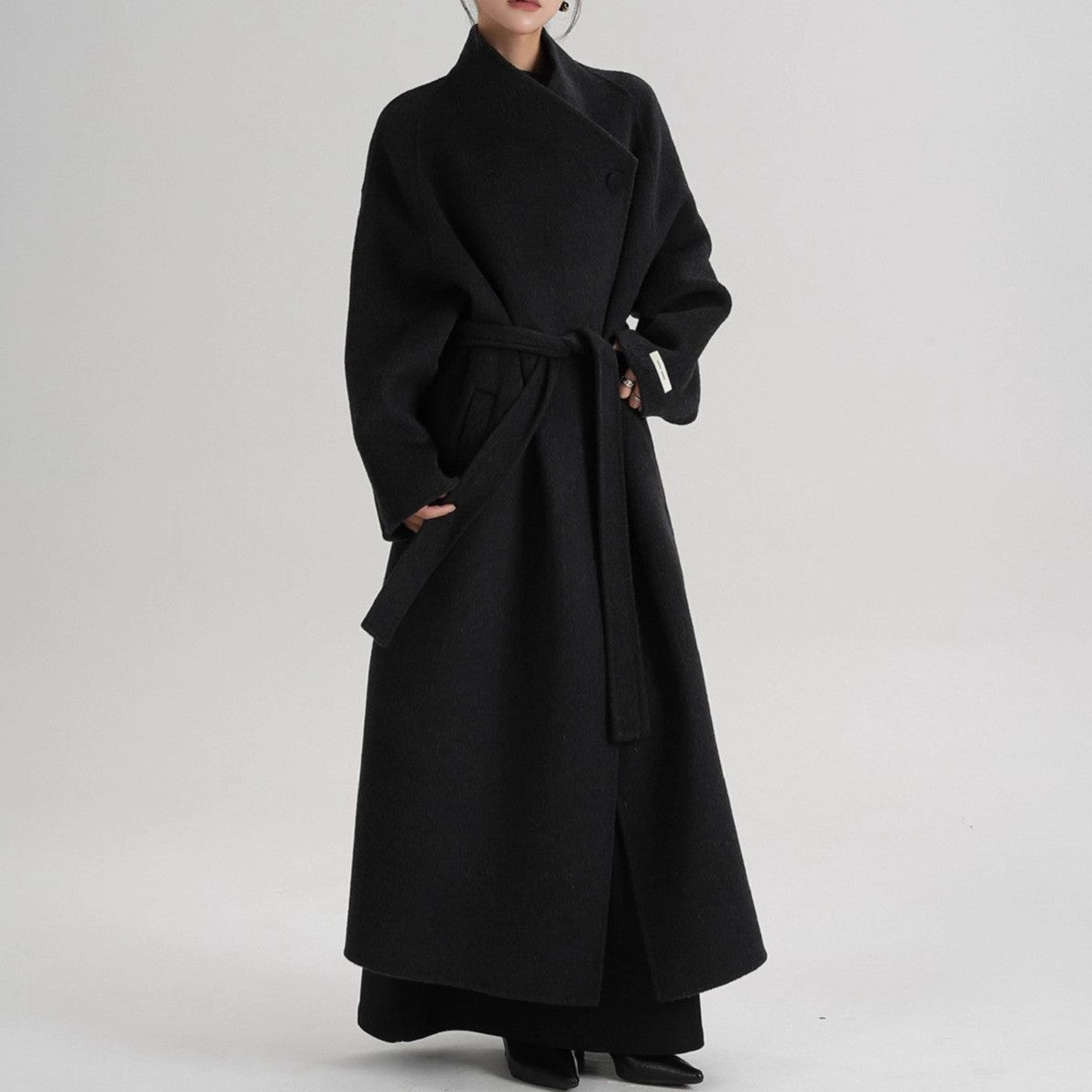 Belted Wool Stand Collar Longline Wrap Coat