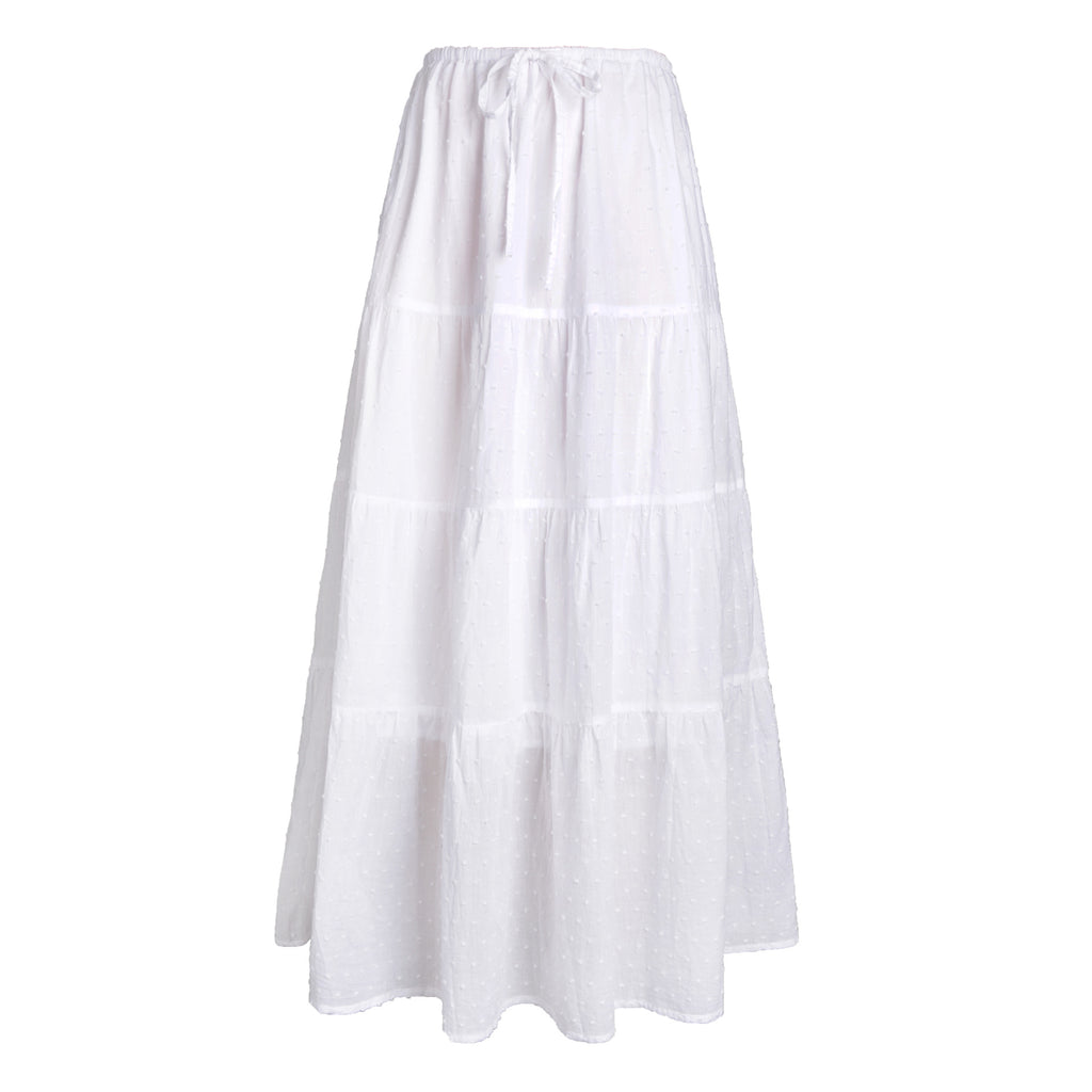 Textured Tiered Drawstring Maxi Skirt - White