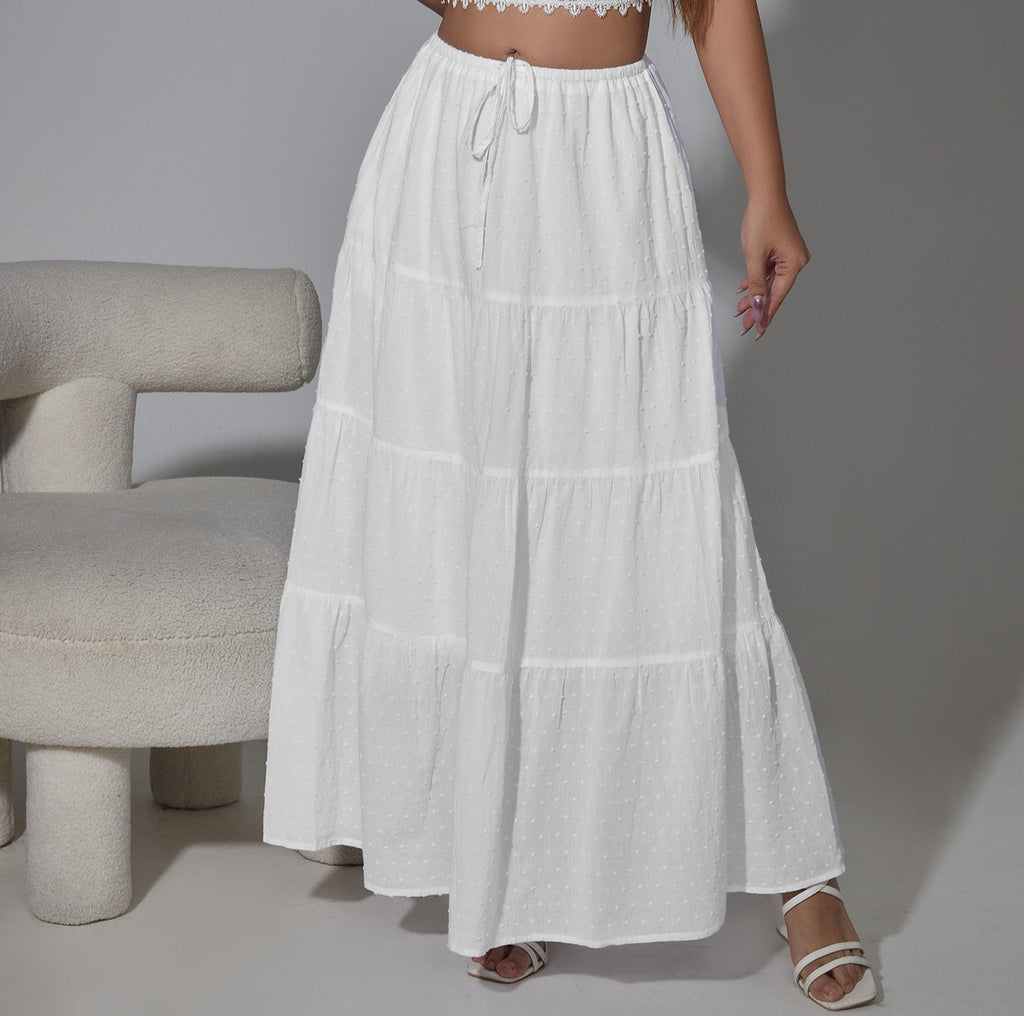 Textured Tiered Drawstring Maxi Skirt - White - 1