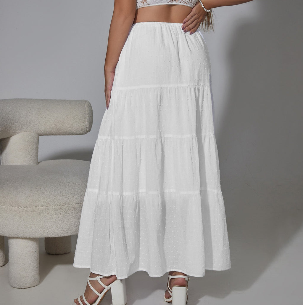 Textured Tiered Drawstring Maxi Skirt - White - 3