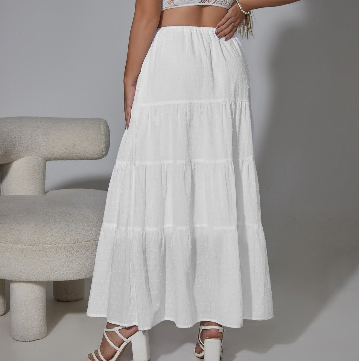 Textured Tiered Drawstring Maxi Skirt - White - 3