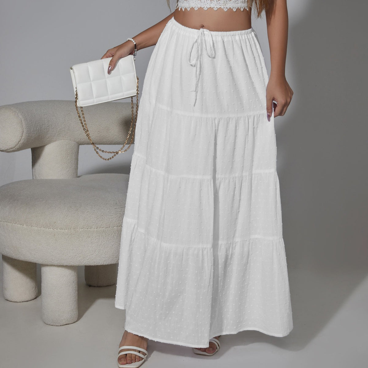 Textured Tiered Drawstring Maxi Skirt