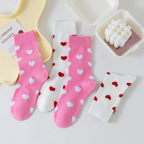 Allover Heart Print Cotton Crew Socks - Pink