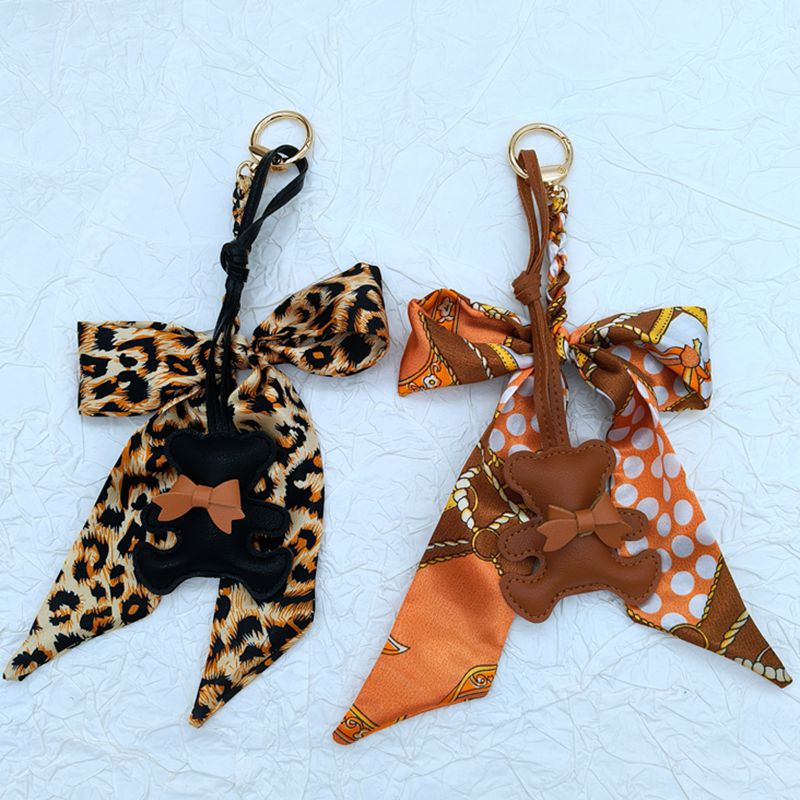 Bear Charm Twilly Scarf Tassel Keychain - Black