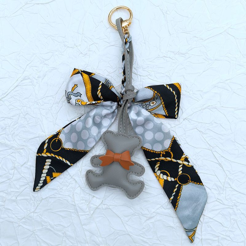 Bear Charm Twilly Scarf Tassel Keychain - Grey