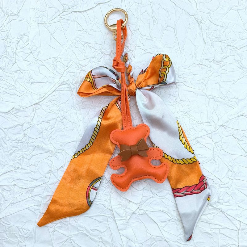 Bear Charm Twilly Scarf Tassel Keychain - Orange